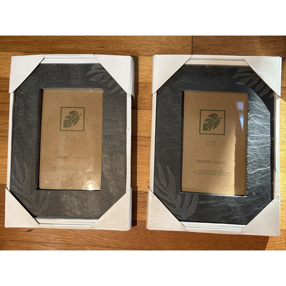 Rustic Photo Frame Set Of 2 Genuine Slate Stone 4x6 Tabletop Jungle Fossil Leaf